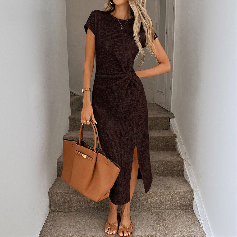 Retro Midi Dress With Side Slit And Cinched Waist