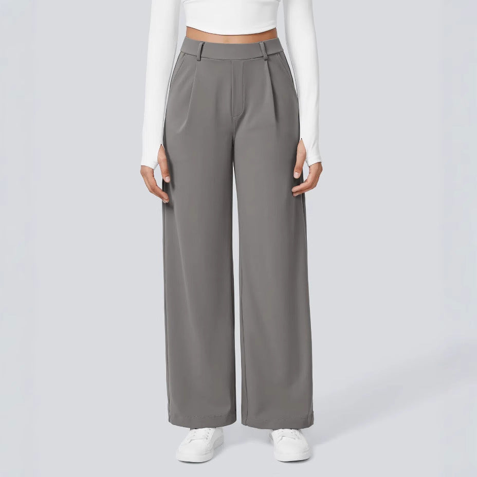 High-Waist Casual Straight Pants With Pockets