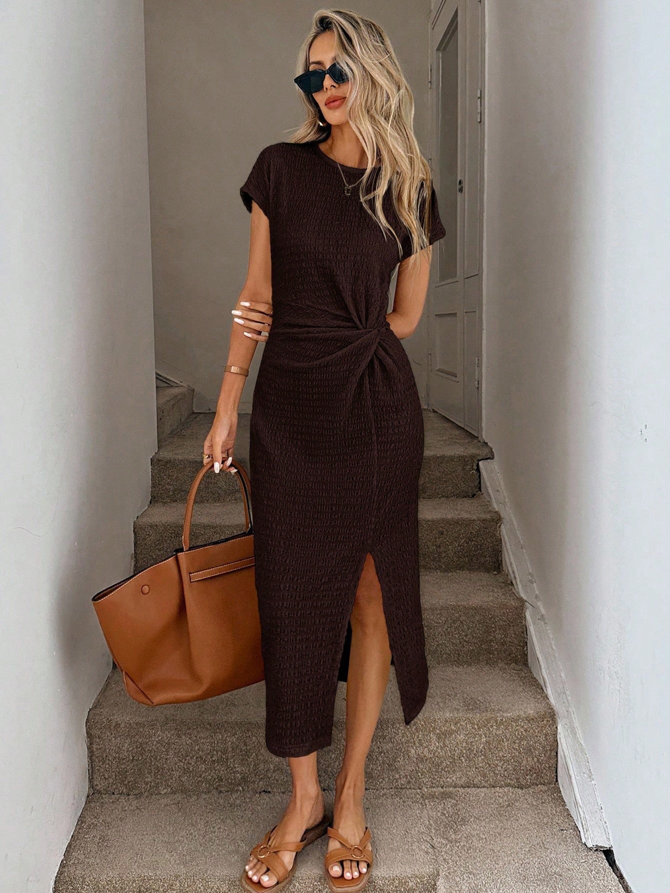 Retro Midi Dress With Side Slit And Cinched Waist