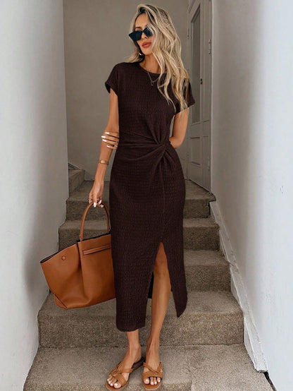 Retro Midi Dress With Side Slit And Cinched Waist