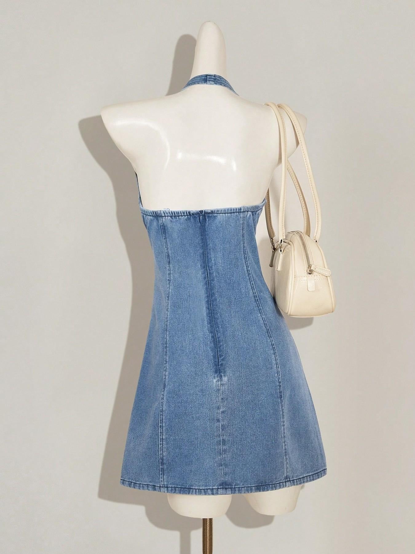 Denim Halter Mini Dress With Lace Halter Neckline