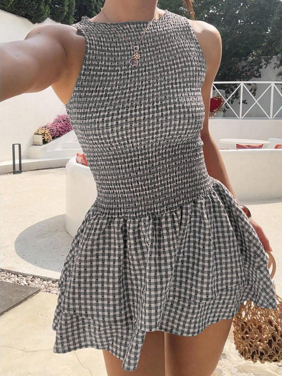 Vintage Plaid Suspender Mini Dress High Waist A-Line