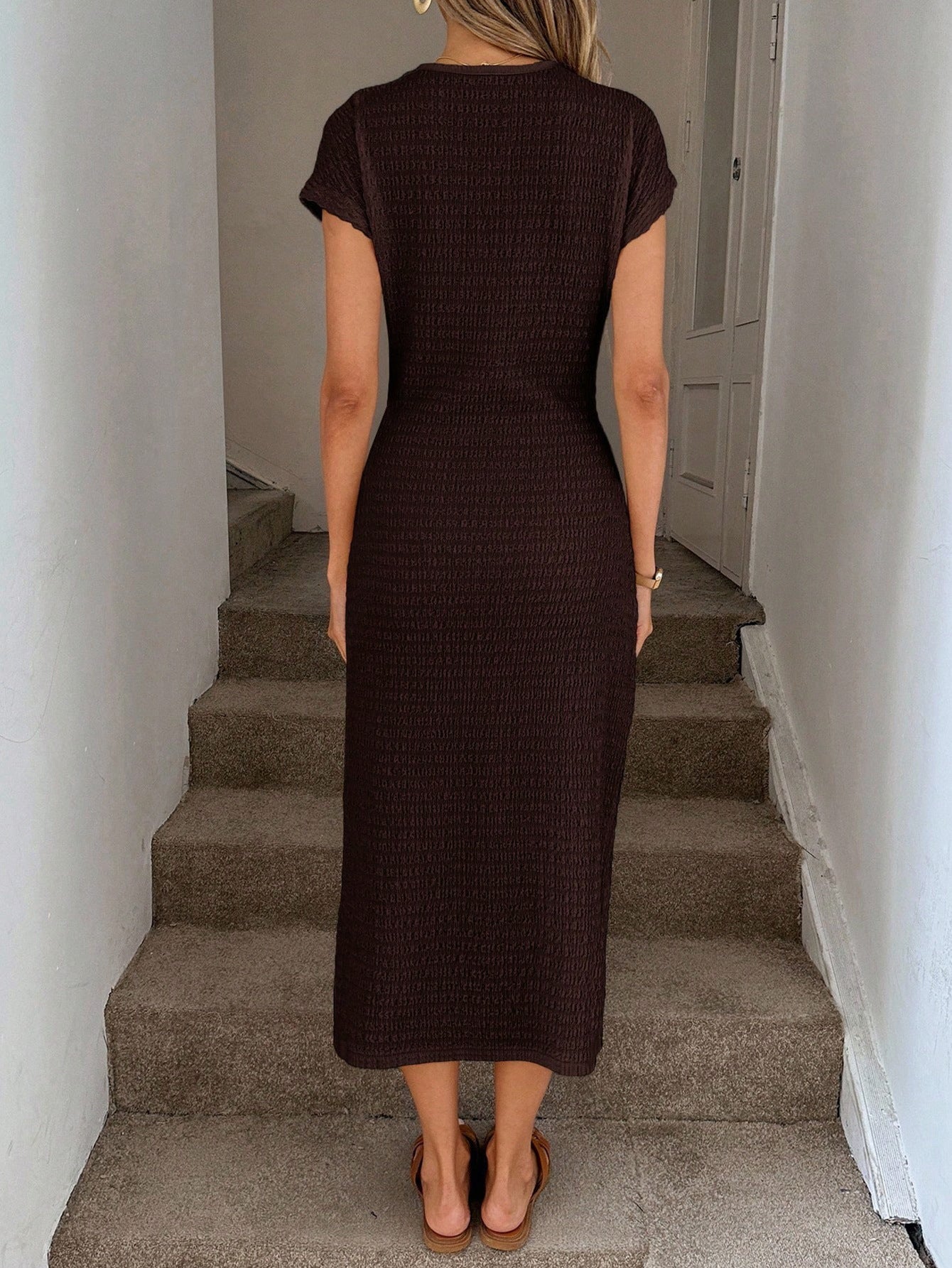 Retro Midi Dress With Side Slit And Cinched Waist