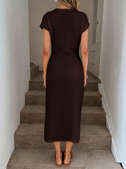 Retro Midi Dress With Side Slit And Cinched Waist