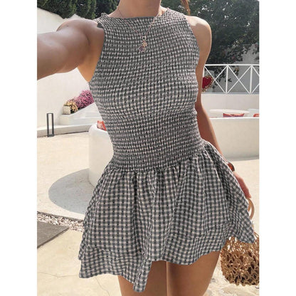 Vintage Plaid Suspender Mini Dress High Waist A-Line