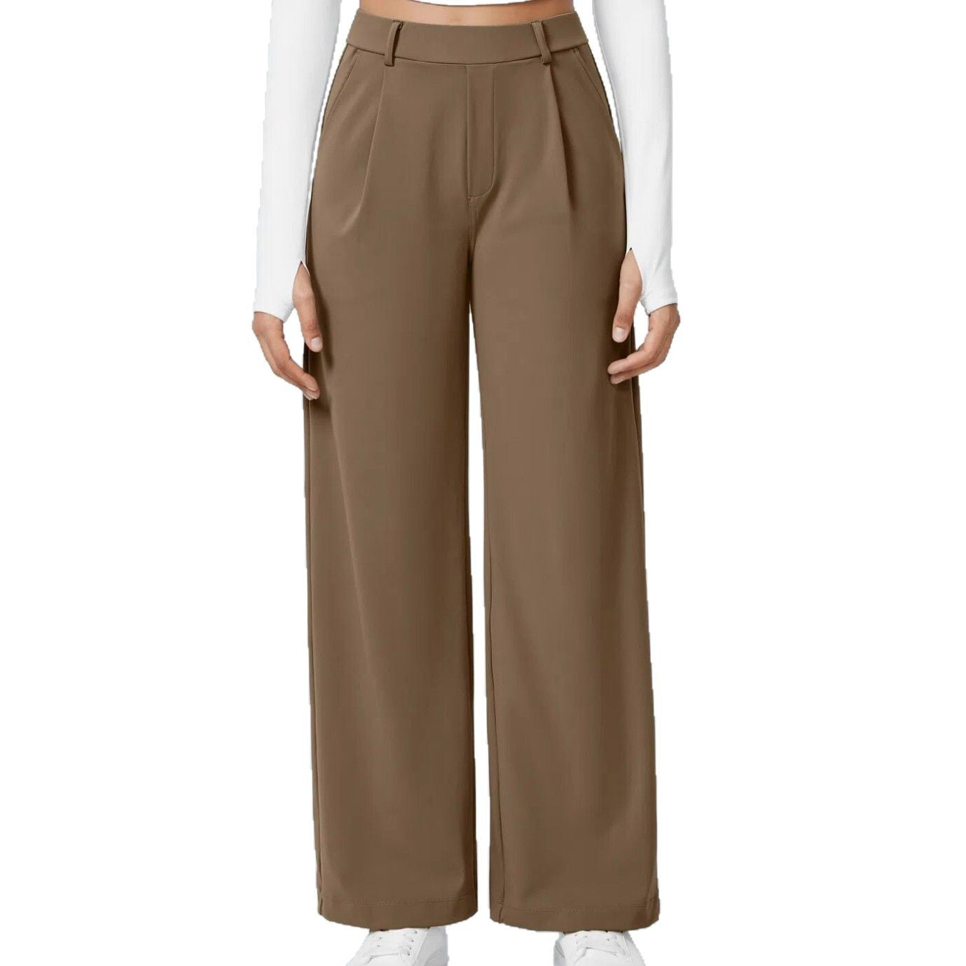High-Waist Casual Straight Pants With Pockets